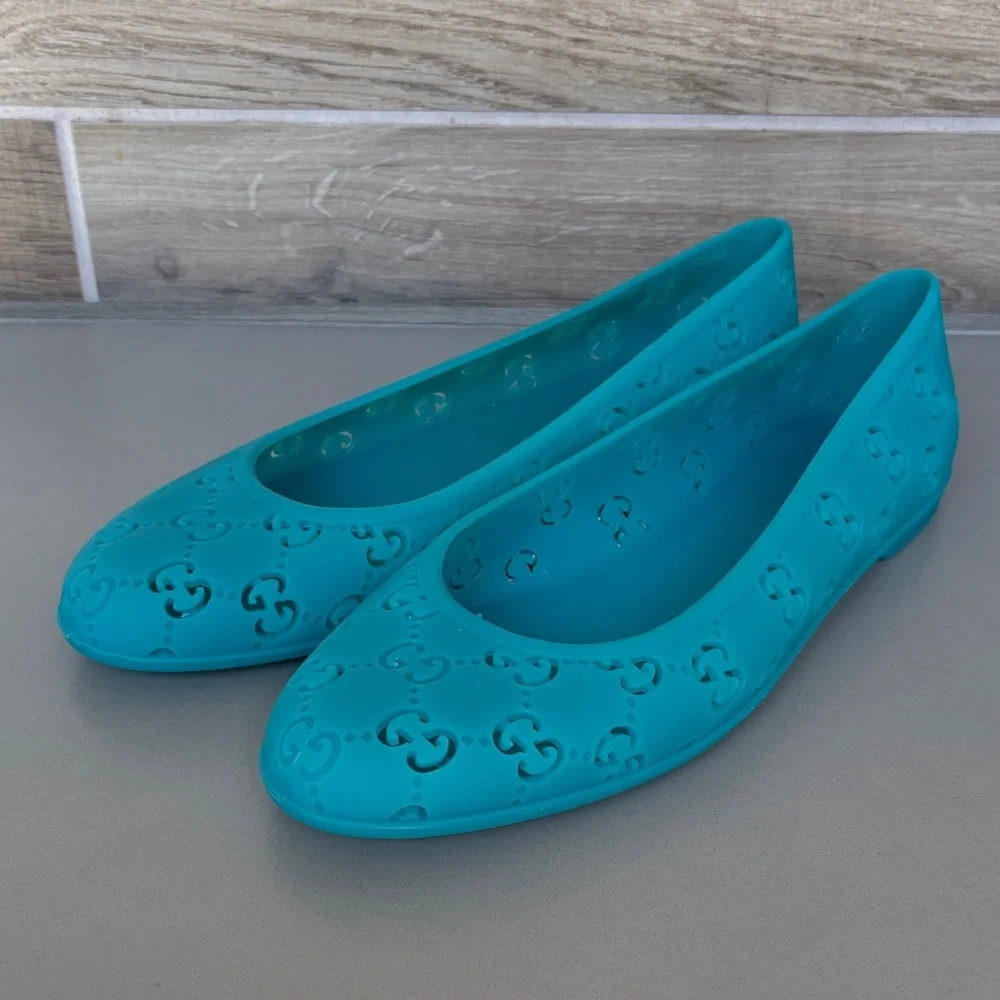 Authentic Gucci Teal GG  Rubber Jelly Ballet Flats EU 40 (US 9.5–10) NIB - Picture 9 of 16